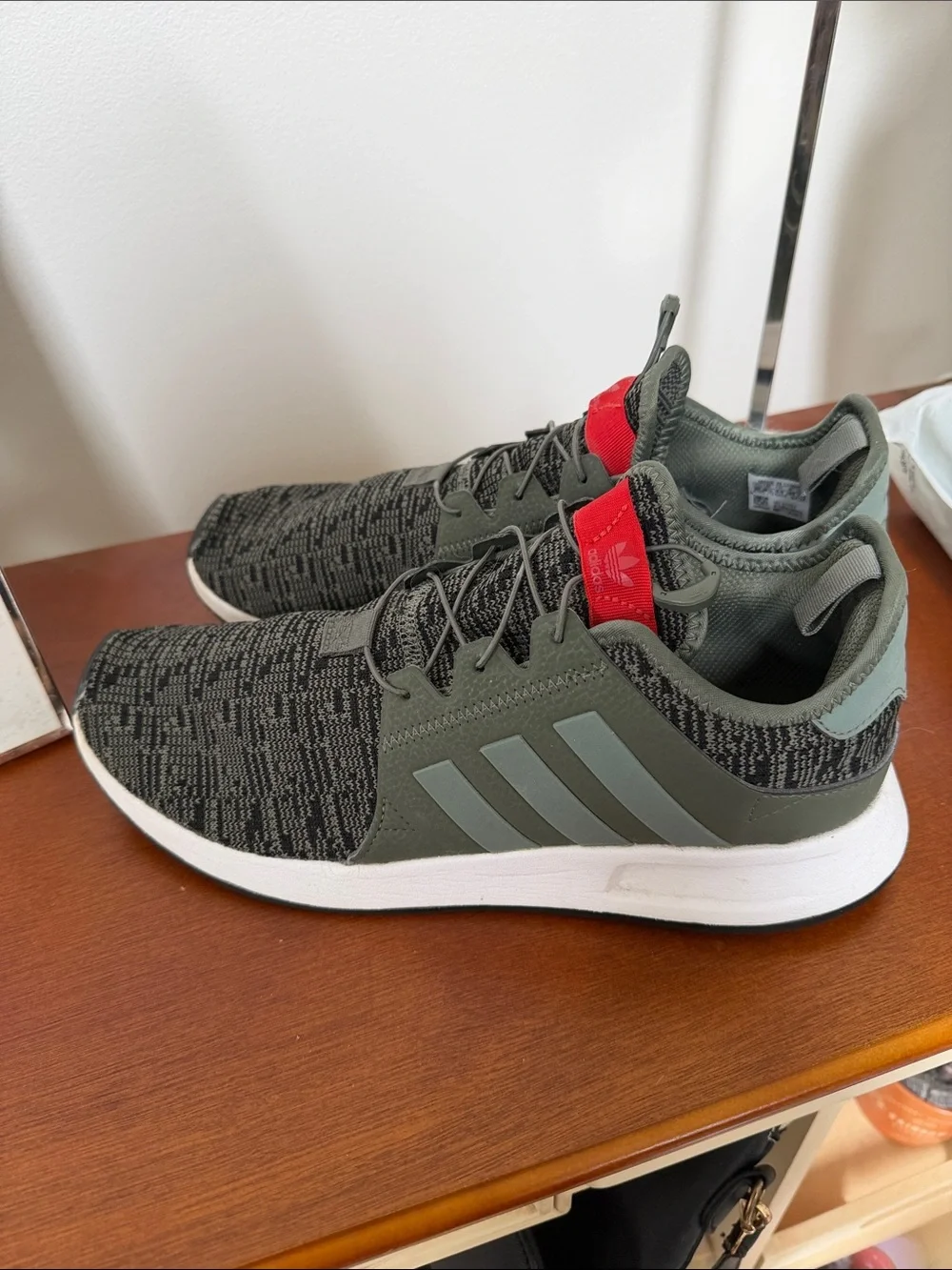 adidas Men’s Olive Green and Gray Knit Sneakers with Red Tongue Accent